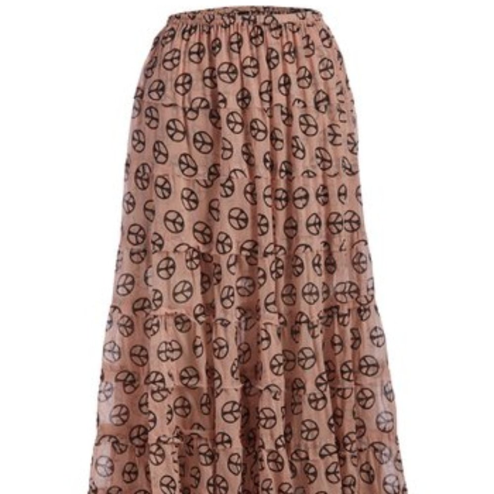 NEW~Crinkle Rayon Apricot & Black Tiered Skirt - Picture 2 of 3